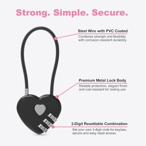 UP Security Premium Combo Lock, Combination Locks for Travel Security, Small Cable Lock for Backpack, Travel Security, Luggage, Suitcase, Bag, Anti-Theft, 3-Digit Password, No Keys (Black+Black) — view 4