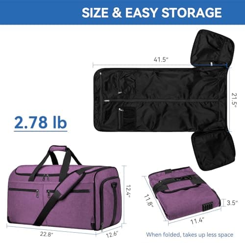 Bukere Carry on Garment Bag for Travel, Convertible Travel Duffel Suit Bag with Shoe Compartment, Detachable Shoulder Strap, 2 in 1 Weekender Suit Bag for Men Women, Purple, Garment Bag for Travel — view 2
