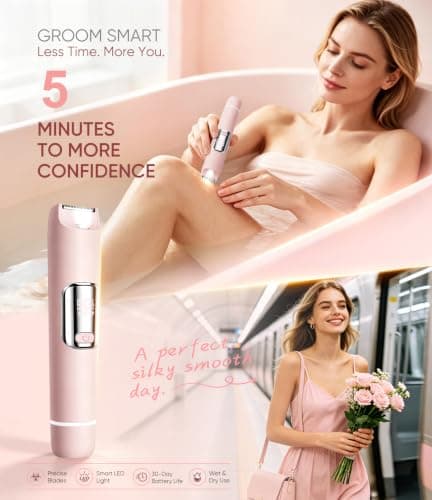 Bikini Trimmer Women 2-in-1 Facial Hair Remover for Women, USB-C Electric Lady Shaver with Digital Display, Dual Head Women Shaver with Smart Light for Pubic, Bikini, Underarm, Travel Lock, Nude Pink — view 2
