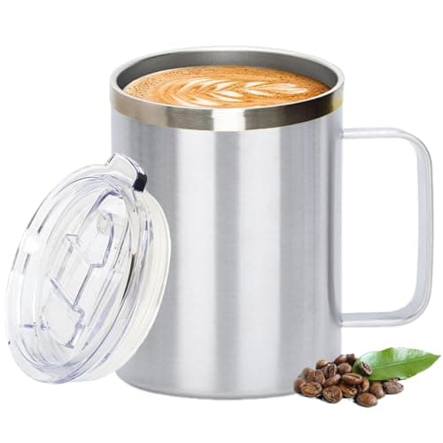 Thermal Mug, Insulated Coffee Mug with Handle and Sliding & Straw Lid, Leakproof Reusable Double Walled Vacuum Stainless Steel Travel Camping Cafe Tumbler Cup,Dishwasher Safe (Silver, 12 oz)