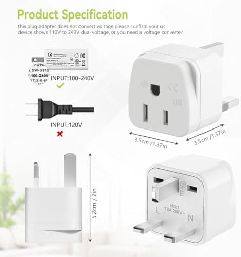 2-Pack US to UK Plug Adapter,SHUOMAO 2/3 Pin USA to 3 Pin UK Plug Adaptor — view 6