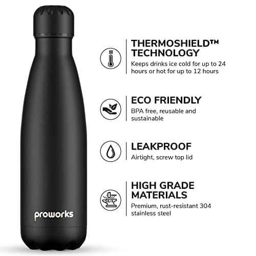 Proworks Performance Stainless Steel Sports Water Bottle | Double Insulated Vacuum Flask for 12 Hours Hot & 24 Hours Cold Drinks - Great for Home, Work, Gym & Travel - 500ml - BPA Free – Jet Black — view 2