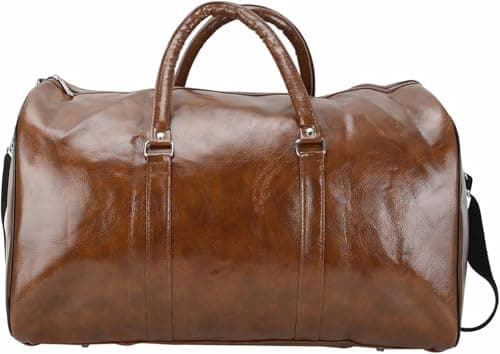 M.J COMFY-LIFE Vintage Leather Duffle Bag for Travel Gym & Weekend - Large Capacity Waterproof Holdall, Adjustable Shoulder Strap - Unisex Carry On Bag for Men Women (48×28×27cm) (Brown)