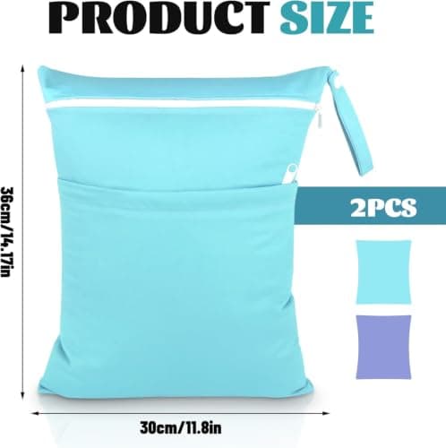 Yoolly 2 Packs Wet Bag, Waterproof Wet Dry Bags, Reusable Washable Cloth Diaper Bags, Nappy Bag with Double Zipper Pockets for Baby Items Swimming Camping Travel Beach Pool Bag (Blue+Purple) — view 2