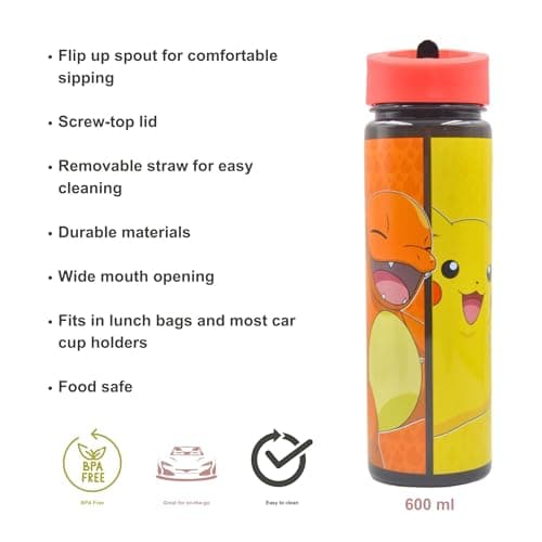 HOX Pokémon Water Bottle 600ml – Pikachu & Squirtle Design, Leak Proof Flip‑Up Spout, Secure‑Seal Lid with Carry Loop, BPA‑Free Kids & Adults Drinks Bottle (Pack of 2) — view 3