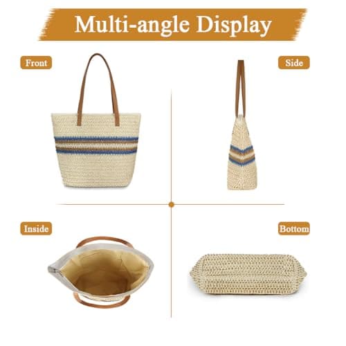 Aucuu Straw Shoulder Bag, Straw Bag for Women, Beach Bag, Large Zippered Handbag Tote Bag, Bohemian Summer Handheld Shoulder Bag for Outdoor Travel and Beach (Off White) — view 6