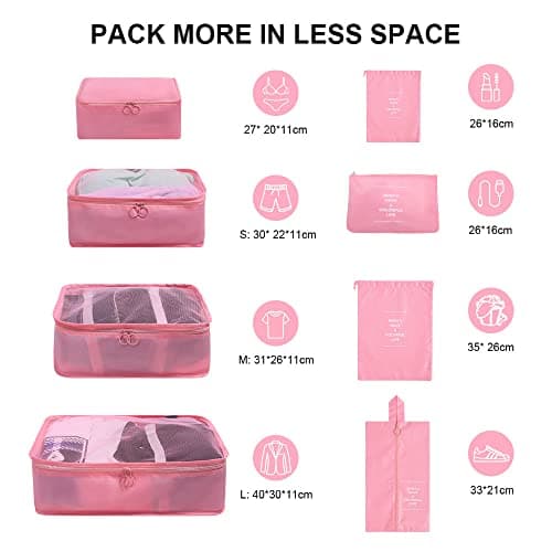 OSDUE Packing Cubes for Suitcase, 8 PCS Travel Organiser Packing Bags Lightweight Waterproof Luggage Packing Organizers for Clothes Shoes, Travel Accessories, Pink — view 2