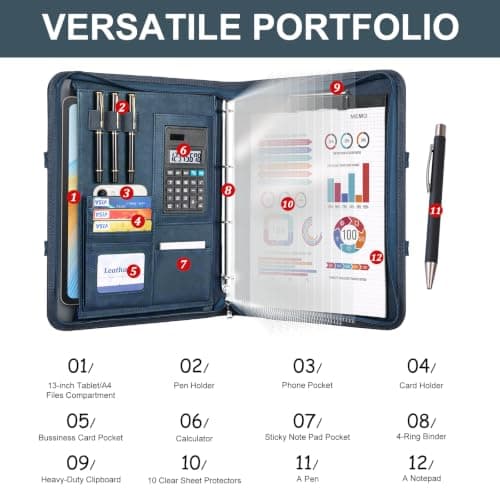 Leathario Portfolio Folder A4, Vegan Leather Conference Folder with Handle, 4-Ring Travel Document Holder with 10 Sheet Protectors, Multi-Pocket Document Folder Organiser, Office Supplies — view 6