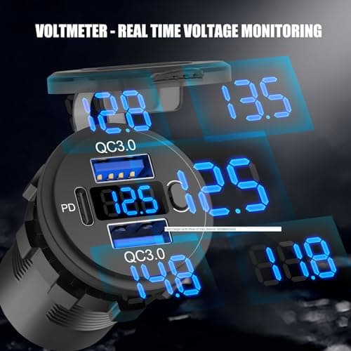 12V USB Outlet, 56W 12V USB Socket Car Charger with Dual QC 3.0 and PD 3.0 Three Car USB Port, Waterproof Car USB Charger Multi Port with Power Switch LED Voltmeter for Car Boat Marine Truck RV, etc. — view 3