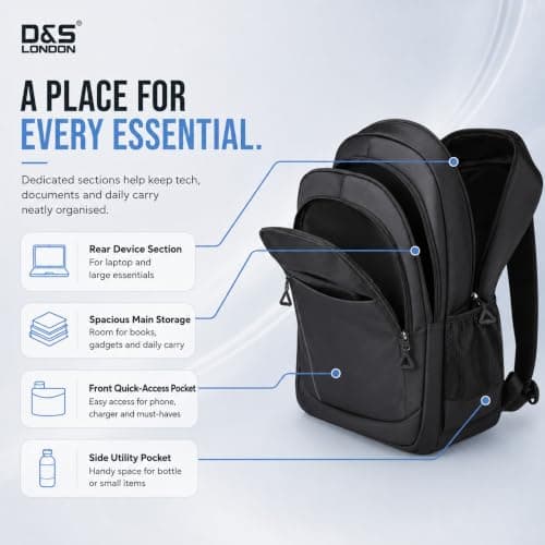 D&S London Laptop Backpack for Men & Women - Weatherproof Travel Rucksack for Work, School & Business - 15.6-17 inch Laptop Bag, Large 30L Capacity, Anti-Theft Flight Cabin Bag (Grey),Black — view 3