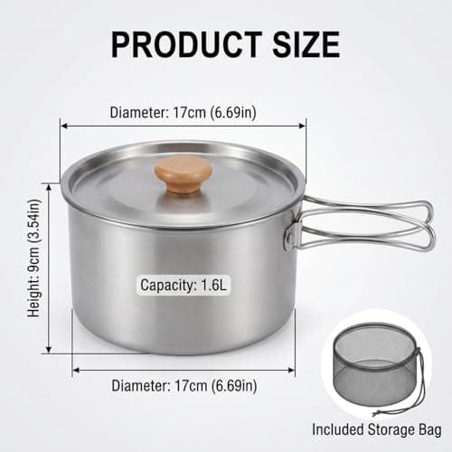 Raoletin Mess Tin Stainless Steel Mess Tins for Camping, Outdoor Portable Camping Pan and Pot with Lid, Folding Handle and Mesh Storage Bag for Gas Stove, Campfire, BBQ, Hiking, Picnic and Travel — view 3