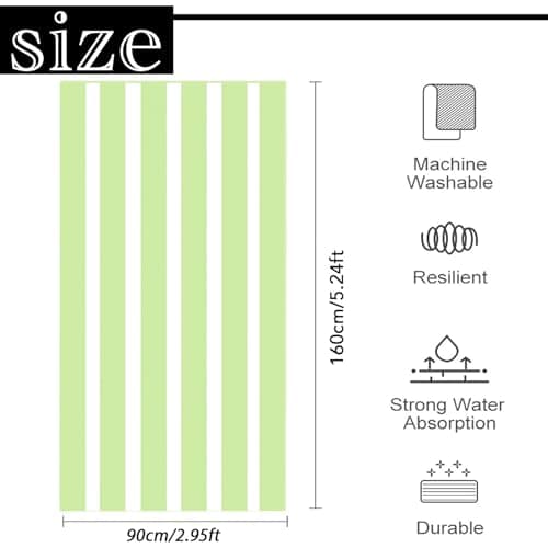 Large Quick Dry Microfibre Beach Bath Towel for Adult,Double Sides Green White Striped Sand Free Beach Towel with Bag,Lightweight Gym Yoga Sports Towel,Compact Travel Summer Beach Towel for Women Men — view 2
