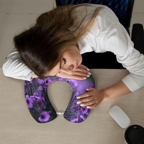AUGUSTRUSH Memory Foam Neck Pillow - Travel Pillow With Adjustable Clasp, Removable Washable Cover For Airplane Office Car, Ergonomic Support Comfortable U-Shaped Pillow, Lavender Bouquet Print — view 6