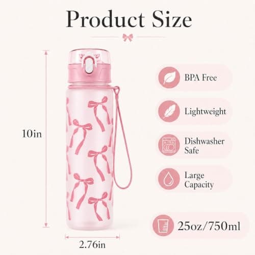 Pragma Pink Bow Sports Water Bottle with Straw & Lanyard, 750ml BPA Free Leakproof One-Click Flip Top Plastic Drinks Bottle for Cycling School Gym Travel Climbing Hiking Outdoor Gift for Women Girls — view 2