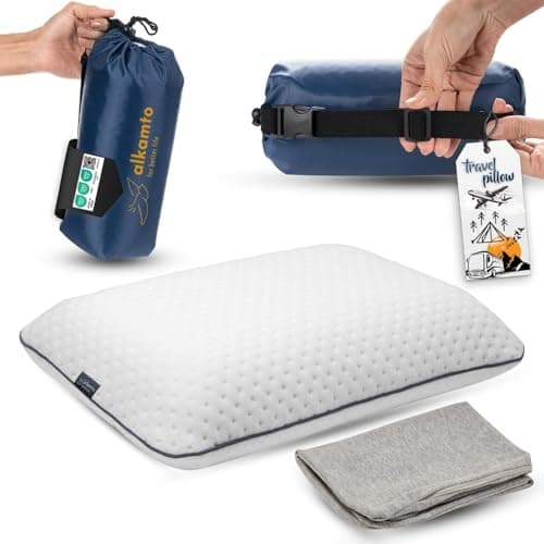 alkamto Travel Pillow - Ergonomic Neck Support Memory Foam with Temperature-Regulating Pillowcase - Includes Extra Cotton Cover and Carry Bag (15,7 x 10,6 x 3,9 In - White + Extra Cover)