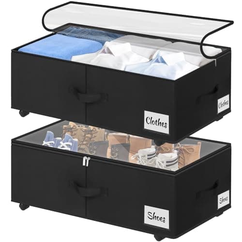Kukikan Under Bed Storage on Wheels, 2-Pack 24 CM XXL 75L Rolling Under Bed Storage Bag with Zip, Simple Assembly Under Bed Storage Box with Lid & Label, Under Bed Drawers for Clothing, Shoes, Black