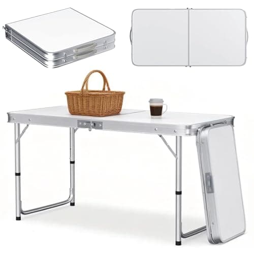 4FT Large Folding Table, Adjustable Heights Heavy Duty Folding Camping Table, Portable Lightweight Aluminum Trestle Table, Picnic Table with Carrying Handle, 120x60cmx3 Height 70/62/55cm, White