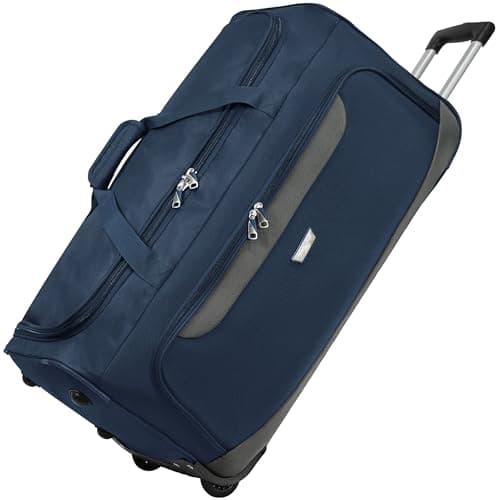 Rocklands® Lightweight Wheeled Holdall Large Duffle Trolley Suitcase Thick Heavy-Duty Cross Nylon EVA-Backed Front, Hard Base Travel Bag (Large - 32" (H82xW42xD40 cm), Navy)