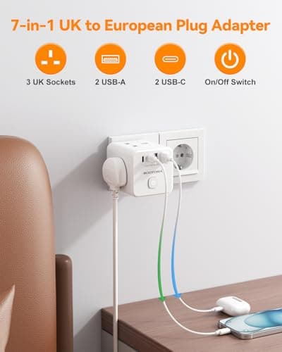 UK to EU Plug Adapter with 4 USB (2 USB-C), 3 Outlets with Switch, White — view 2