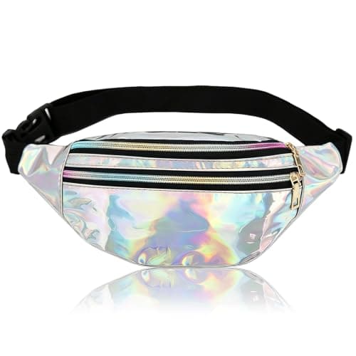 HUNUH Fashion Metallic Bum Bag, Waterproof Waist Bag with Adjustable Strap and Smooth Zip, Three Compartments Stylish Fanny Pack for Sports, Outdoor Travel, Party and Festival Unisex (Silvery)