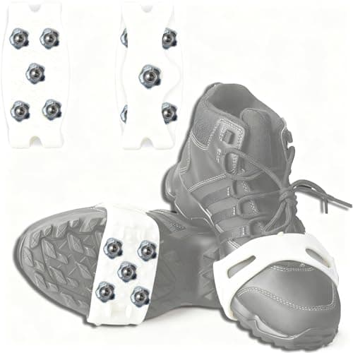2Pcs Anti Slip Crampons, Outdoor Anti Slip Shoe and Boots Ice Cleats with 5 Stainless Steel Spikes Winter Outdoor Anti-Slip Crampon for Walking, Fishing, Climbing and Hiking White