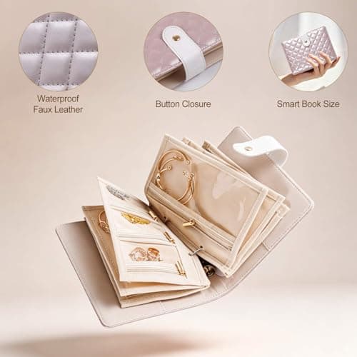 RingsTown Travel Jewelry Organizer, Pearlescent Faux Leather Travel, Compact flip‑Open design,Tangle-Free Storage,Tangle-Free & Anti-Tarnish Storage for Women on the Go(Pink), Pink — view 2