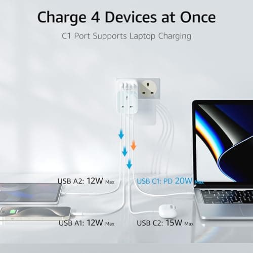 UK to India Plug Adapter, India Travel Adapter with 1 UK Socket and 4 USB(USB C 35W Fast Charger), UK to India Plug Adaptor for India, Pakistan, Sri Lanka, Yemen, Burma,Maldives and More(Type D) — view 5