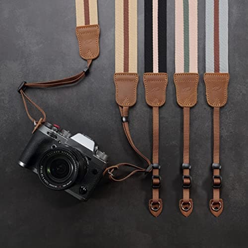Padwa Lifestyle Beige Brown Stripe Camera Strap - 1.5" Wide Crazy Horse Cowhide Ends Camera Straps for All DSLR Cameras,Universal Adjustable Pure Cotton Woven Strap,Great Gift for Photographers — view 6