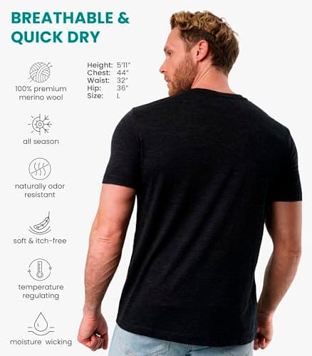 100% Merino Wool T Shirt Mens - Merino Wool Base Layer Men + Hiking Socks (Charcoal Grey, Large) — view 2