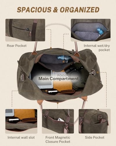 Gonex Waxed Canvas Duffle Bag for Travel, Water-resistant Vintage 55L Duffel Weekender with Shoes Compartment & Luggage Tag, Heavy-duty Overnight Bag with Suitcase Handle Sleeve for Men, Army Green — view 4