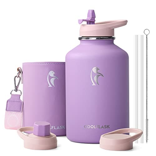Coolflask 2L Water Bottle Insulated with PU Leather Sleeve & 3 Lids