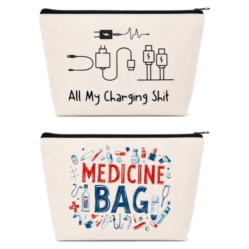 Dooaqiin Essentials 2 Pack Funny Travel Pouches - Medicine Bag and All My Charging Cable Bag - Humorous Holiday Accessories and Luggage Organiser, Tech Gadgets Travel Gifts for Women Men
