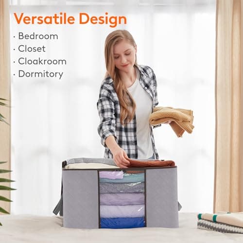 Lifewit 120L Clothes Storage Bags Large Storage Box With Lid Packing Boxes for Moving House With Reinforced Handle Thick Fabric Clear Window for Clothes Duvet Blankets Bedding, 3 Pack, Light Grey — view 6