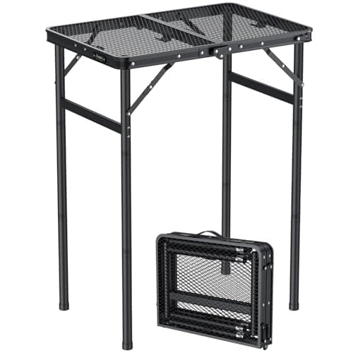 Anbte 2ft Folding Grill Table Max 74cm, 3 Adjustable Heights Lightweight Camping Table with Heat-Resistant Mesh Tabletop Portable Handle, Waterproof, for Cooking BBQ Outdoor Indoor, 60 X 40 cm, Black