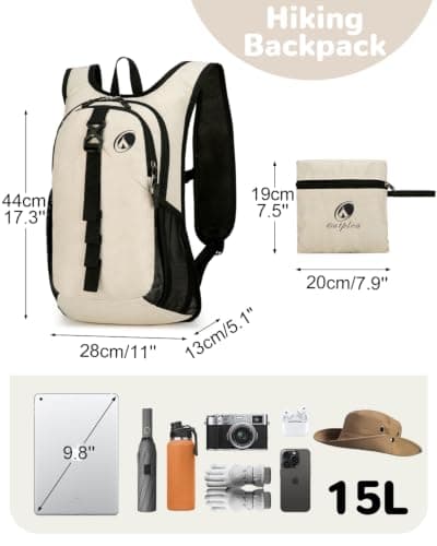Outplea 15L Foldable Hiking Backpack Men Women, Small Ultralight Casual Daypack with Phone Holder for Outdoor Walking Travel, Beige — view 2