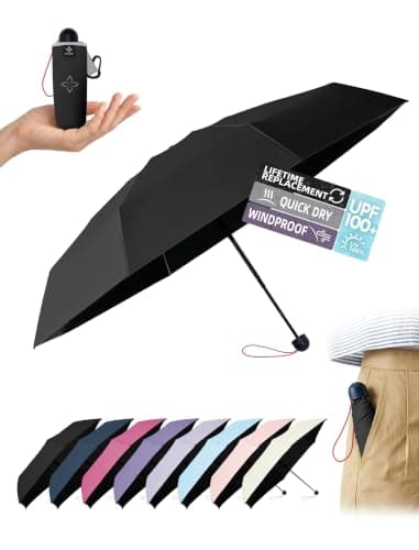 LILAC Compact Travel Umbrella for Purse, Mini Folding Pocket Parasol with Windproof Absorbent Sleeve, UPF 100+ UV Sun Protection, 30% Thickened Alloy Steel Shaft, Double Fiberglass Reinforced