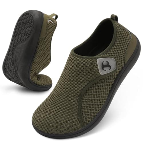 Mens Comfort Wide Fit Walking Shoes Casual Slip on Barefoot Shoes with Adjustable Straps Zero Drop for Swollen Feet Men Green 8 UK