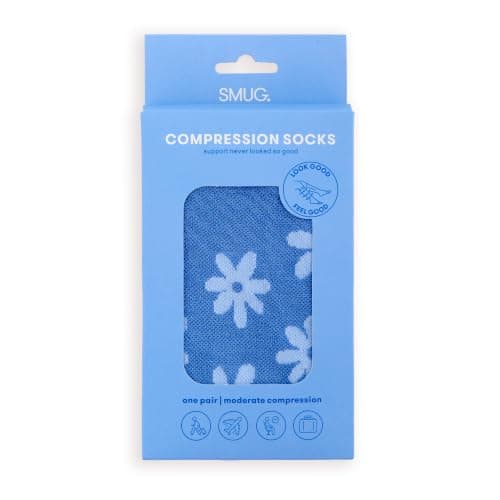 SMUG Bamboo Compression Socks 15–20 mmHg – Graduated Knee High Support Socks for Travel, Flying, Running, Nursing, Pregnancy & Everyday Wear | Blue Flowers (L/XL) — view 2