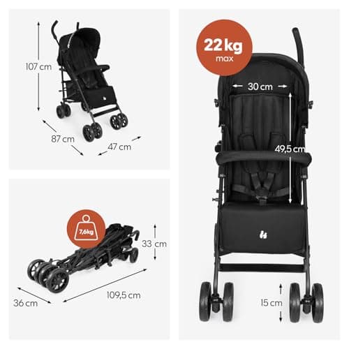 Hauck Fold N Care, Black - Lightweight Umbrella Pushchair with Raincover from 6 Months to 22 kg, Lie Flat, Compact Fold, Sun Canopy UPF 50+, EVA Wheels, Large Basket, Travel Stroller — view 3