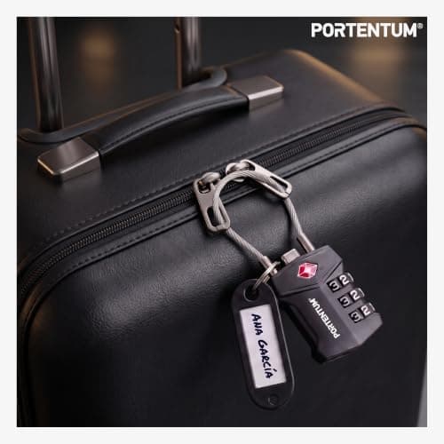 PORTENTUM TSA Approved Luggage Locks with 3 Digit resettable Combination – Suitcase Locks with Flexible Steel Cable and ID tag – Padlock for Suitcase for zips Backpacks Bags and lockers — view 2