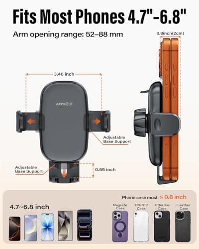 APPS2Car Car Phone Holder for Air Vent, One-Hand Paddle Release Car Mount, Adjustable Clamp Arms, 3-Level Extendable Foot, Anti-Slip Silicone Grip, Fits 4.7-6.8 Inch Smartphones — view 5