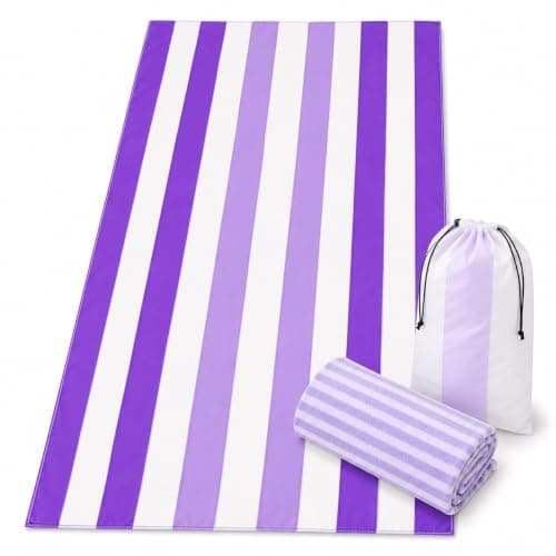 Oversized Microfibre Beach Towel Set, 180 x 90 cm Quick Dry Sand Resistant Beach Towel with 75 x 35 cm Drying Towel and Drawstring Bag, Lightweight Travel Towel for Beach, Pool, Picnic, Purple Stripe