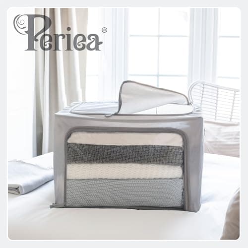 Periea Beau 2 Pack Storage Boxes 33L (40x33x25cm) – Collapsible Stackable Fabric Organisers Storage Bags with Steel Frame, Front Window & Top/Front Zip Access – (Grey) — view 2