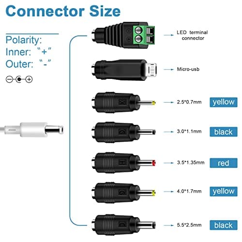 5V 1A 2A Power Supply, Dalugo Universal AC to DC Power Adapter with 7 DC Multi-Plug Connectors, 10W DC Wall Charger for LED Strip Lights,Audio,TV Box,Speaker,Router,Video Android Tablet(White) — view 2