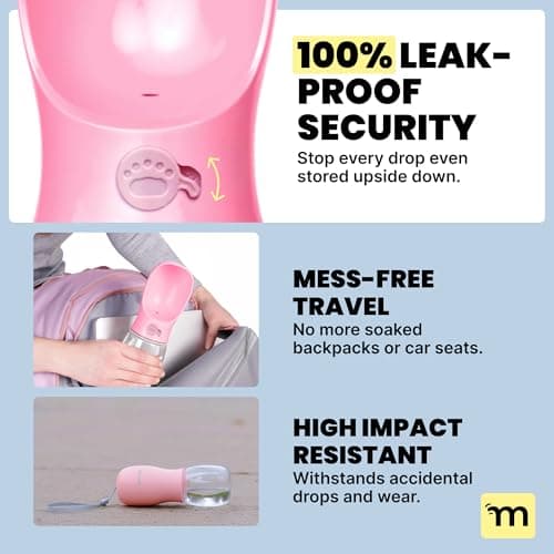 MalsiPree Dog Water Bottle with Bowl - Leak Proof Portable Puppy Water Dispenser with Drinking Feeder for Pets Outdoor Walking, Hiking, Travel, Food Grade Plastic (Pink, 350ml) — view 3