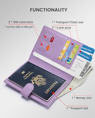 Karmiir RFID Passport Holder Travel Wallet Compact for Women, Leather Passport Cover Wallet with Card Holders SIM Slots,Zippered Coins Pocket and Cash Compartment Slim Travel Wallet, Light Purple, — view 2
