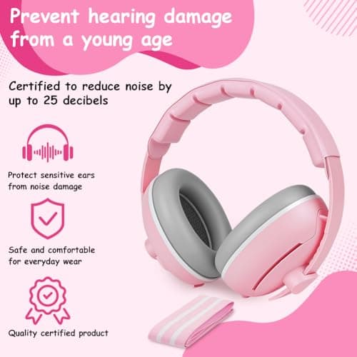 Adiwo 2-in-1 Baby Ear Defender, Non-Slip Baby Headphones, Noise Canceling Headphone & Headband for Babies, Ultra-Soft and Adjustable to 0-48 Months, Hearing Protection for Sleep Travel, Pink — view 3