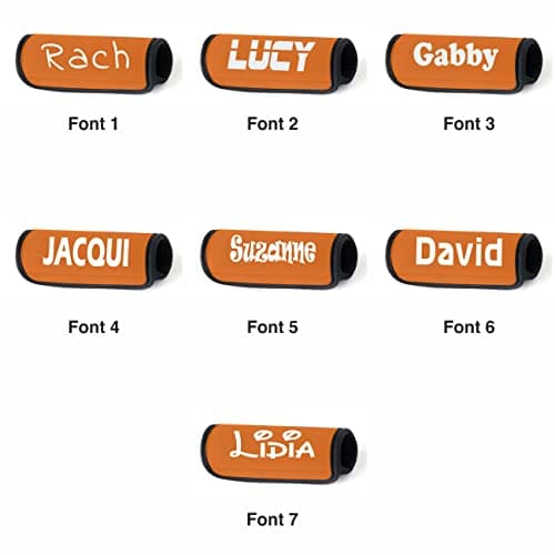 Nametape Express - Luggage Handle Wrap/Cover for Suitcase/bags Grip/Case Identifier perfect for travel Neoprene Wrap printed with name Luggage Tag (Orange, Twin Pack) — view 4