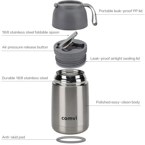 Maqash Insulated Food Flask 630 ml – Stainless Steel Thermal Soup Flask with Spoon, Leakproof Hot Food Jar for School, Work & Travel – Keeps Food Hot 12h / Cold 24h – BPA‑Free Wide Mouth - Grey — view 2