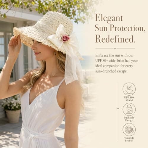 QuidToyzian Women's Straw Sun Hat with Brooch Gift Set, White — view 5